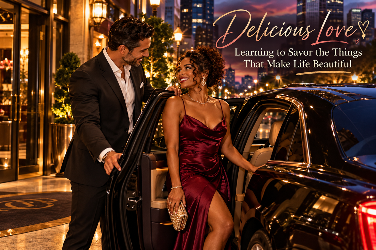 A stylish, diverse couple dressed for a romantic evening out as the man holds open the door of a black luxury car outside an elegant restaurant or hotel, surrounded by warm city lights. The image features the title “Delicious Love: Learning to Savor the Things That Make Life Beautiful.”