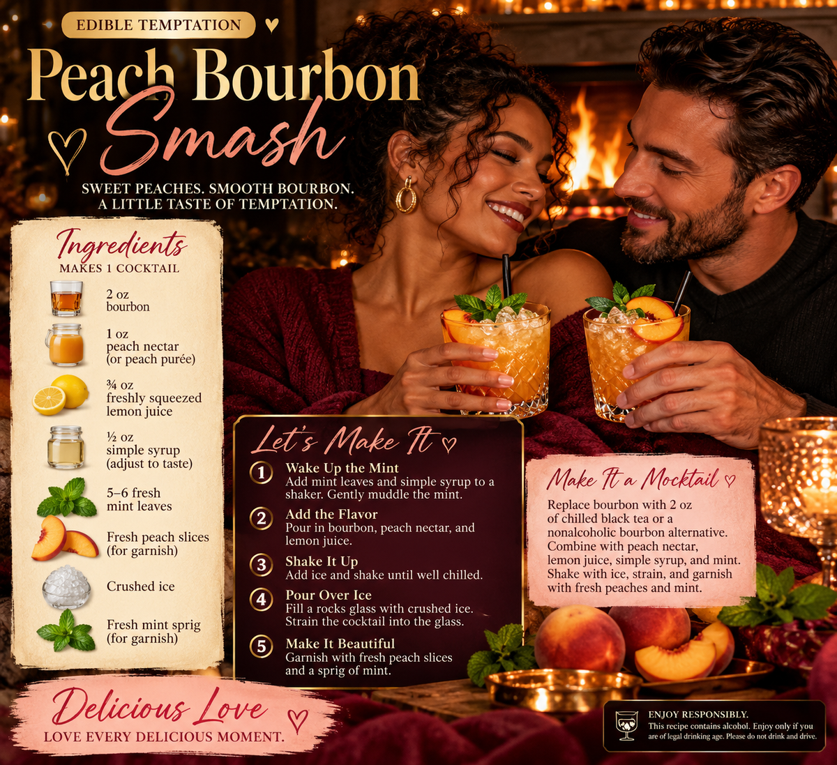 A diverse couple enjoys Peach Bourbon Smash cocktails together beside a glowing fireplace. The drinks are garnished with fresh peach slices and mint, creating a cozy, romantic atmosphere for PYT's Delicious Love theme.