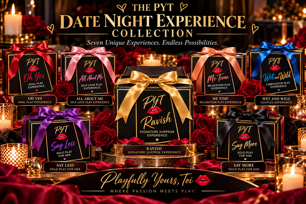 A collection of seven luxurious PYT Date Night Experience boxes arranged in an elegant display, featuring black packaging with gold trim and signature red lips. Each box has a distinct color accent: red Oh Yes, pink All About Me, purple Say Less, black Say More, blue and gold Wet and Wild, peach Me Time, and gold Ravish centered as the signature surprise experience. The display is styled with satin ribbons, roses, and warm candlelight.